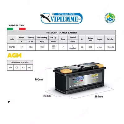 Аккумулятор для авто VIPIEMME AGM 12V105AH (394х175х190) (-+) Е BM74C (Италия)