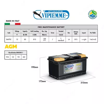 Аккумулятор для авто VIPIEMME AGM 12V80AH (315х175х190) (-+) Е BM70C (Италия)