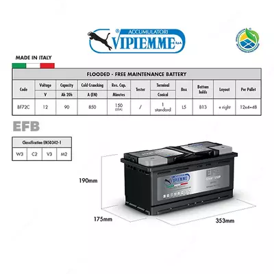 Avtomobil uchun qayta zaryadlanuvchi batareya VIPIEMME EFB 12V90AH (353х175х190) (-+) Е BF72C (Italiya)