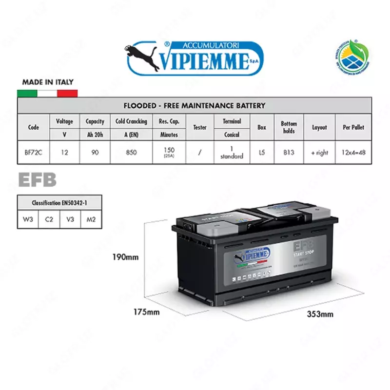 Аккумулятор для авто VIPIEMME EFB 12V90AH (353х175х190) (-+) Е BF72C (Италия)