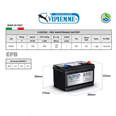 Аккумулятор для авто VIPIEMME EFB D31 12V100AH (306х173х225) (-+) Е BF96C (Италия)