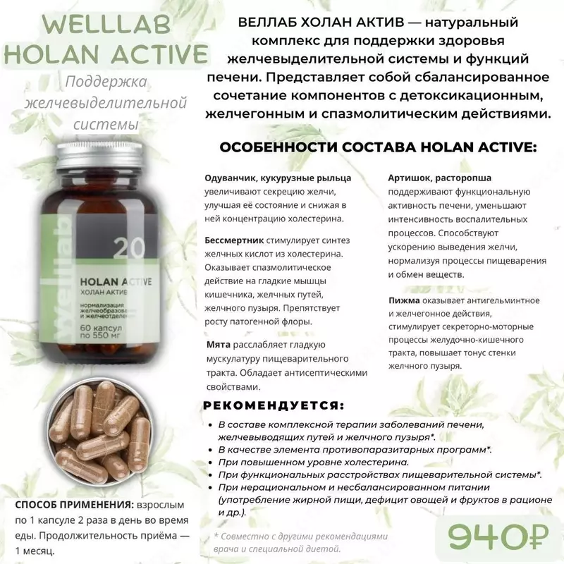 БАД для желчевыделительной системы Welllab HOLAN PHYTO ACTIVE  (Веллаб Холан Актив) 60 капсул купить в Ташкенте