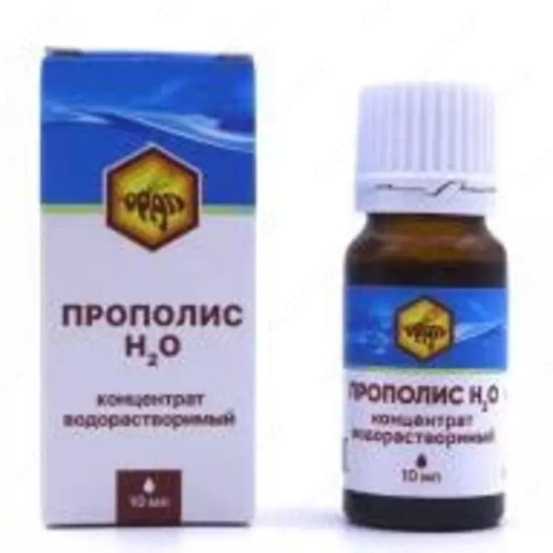  Прополис H2O концентрат водорастворимый (флакон 10 мл) при гнойничковых поражениях кожных покровов  в пост операционном периоде для восстановления целостности тканей и слизистых оболочек. - 