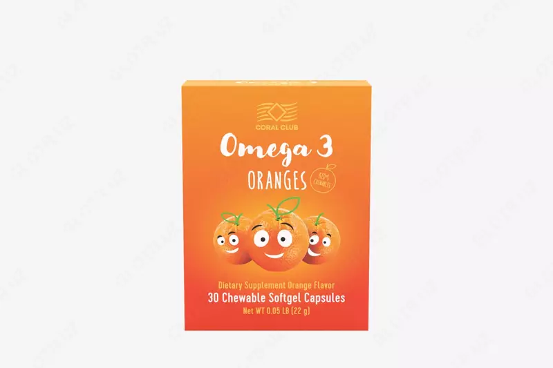 Bolalar uchun korish vitaminlari (parhez qoshimchasi) Coral Club Omega 3 Orange  30 ta chaynaladigan kapsulalar (Germaniya)