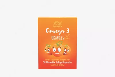 Bolalar uchun korish vitaminlari (parhez qoshimchasi) Coral Club Omega 3 Orange  30 ta chaynaladigan kapsulalar (Germaniya)