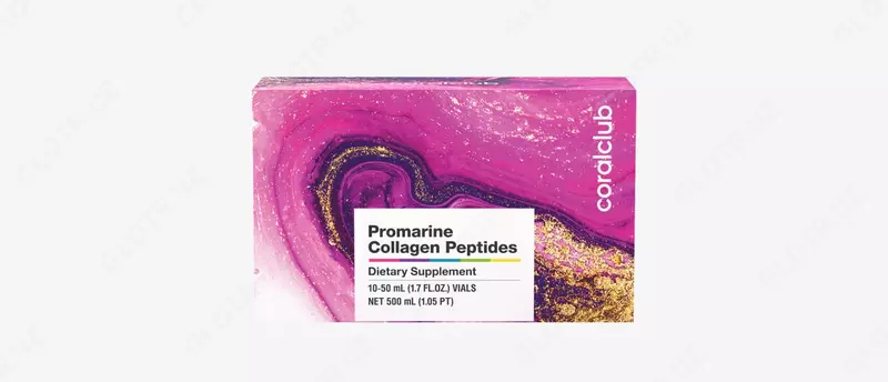 Dengiz suyuq gidrolizlangan kollagen (parhez qoshimchasi) Coral Club Promarin Collagen Peptidlari  10 ta flakondan iborat 1 ta paket. (Tayvan)