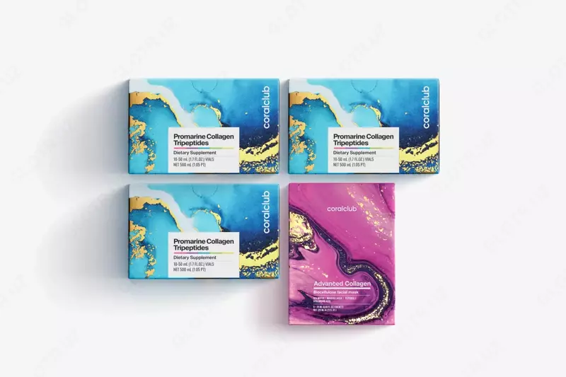 Омолаживающий комплекс Coral Club Promarine Collagen Tripeptides + Advanced Collagen Biocellulose facial mask 5 саше  набор на 30 дней (TCI CO Ltd  Тайвань)
