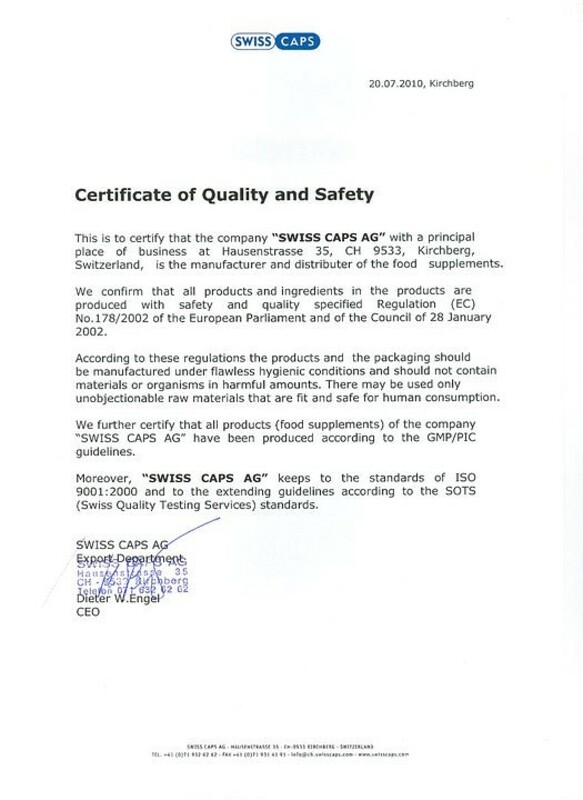 Сертификат SWISS CAPS