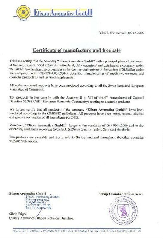 Сертификат Eliksan Aromatika