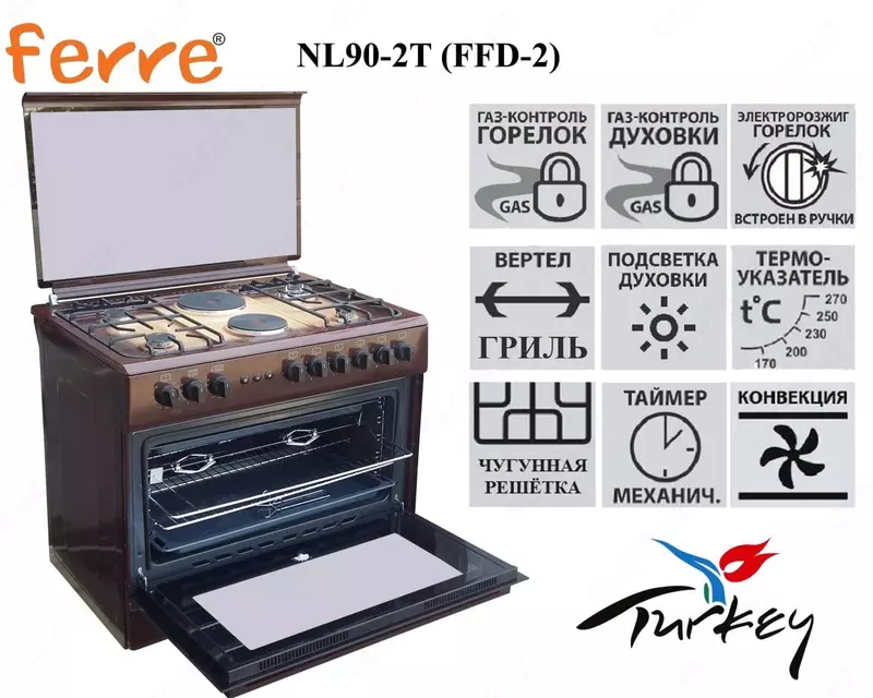 Газовая плита Ferre NL90-2W/T/AB/X(белый коричневый бежевый черный стальной)