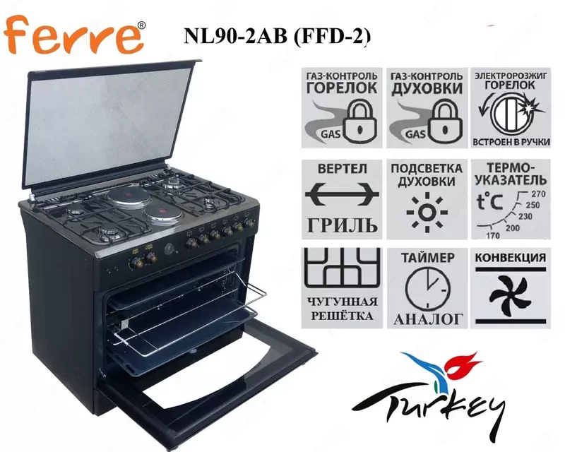Газовая плита Ferre NL90-2W/T/AB/X(белый коричневый бежевый черный стальной)