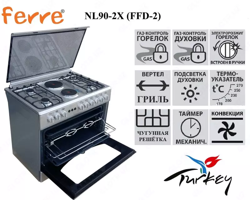 Газовая плита Ferre NL90-2W/T/AB/X(белый коричневый бежевый черный стальной)