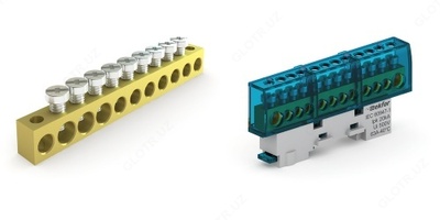 Шины "ноль", шины"земля", Скобы с шинами "ноль" и "земля", DIN-рейки шириной 35 мм