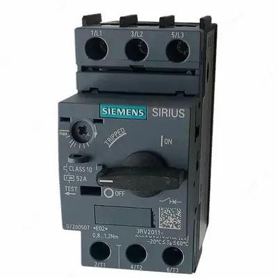 "Elektr motorini himoya qilish uchun elektron to'sar, S00 o'lchami, 10-sinf, haddan tashqari yuk tushirish moslamasini Sozlash 0.55...0.8 A, 10A lahzali qisqa tutashuvli oqim ajratgichni sozlash, vint