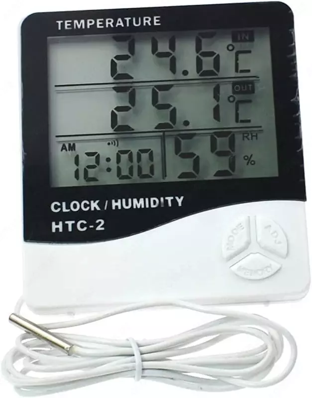 HTC-2 Цифровой Термометр-Гигрометр с LCD дисплеем – Метеостанция для измерения температуры и влажности с внешним датчиком и часами