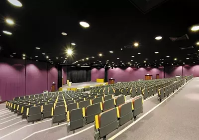 Чёрные потолки и черные стеновые панели Rockfon - для кинотеатров