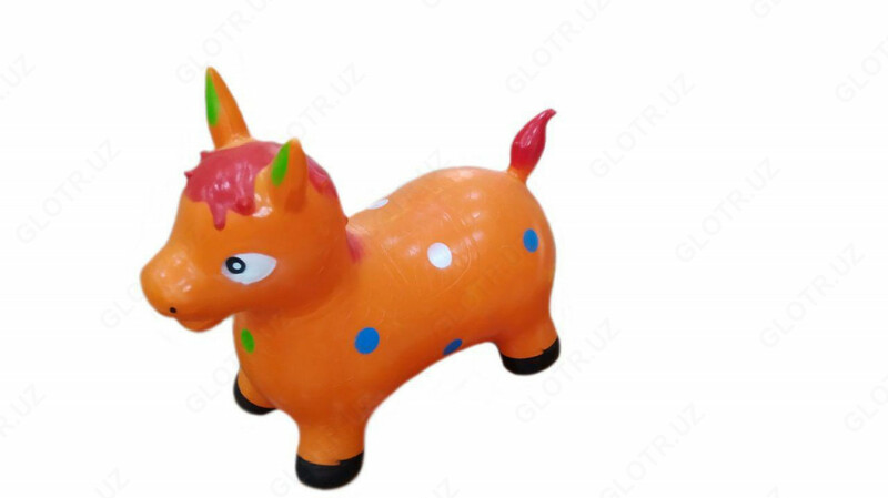 Резиновая игрушка ослик оранжевого цвета с цветными крапинками.