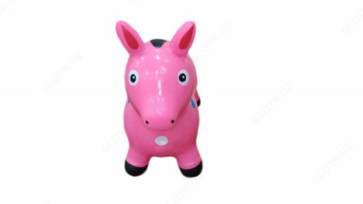 Резиновая игрушка ослик розового цвета с цветными крапинками.