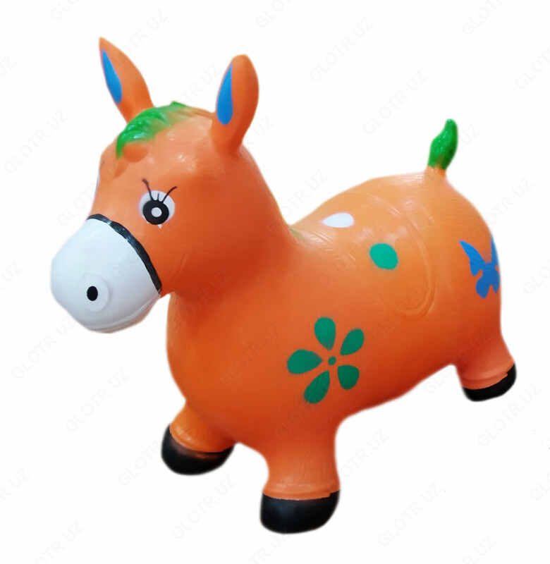 Резиновая игрушка ослик оранжевого цвета с цветными рисунками.