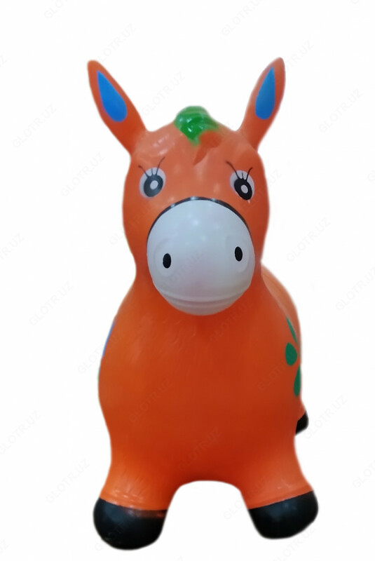 Резиновая игрушка ослик оранжевого цвета с цветными рисунками. - по запросу
