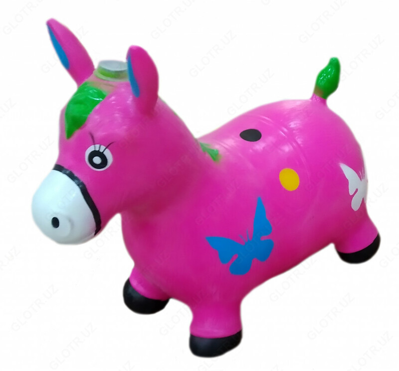 Резиновая игрушка ослик розового цвета с цветными рисунками