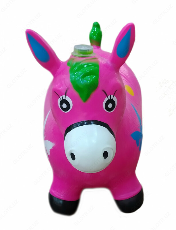 Резиновая игрушка ослик розового цвета с цветными рисунками