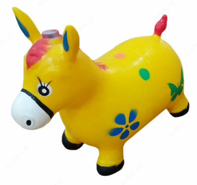 Резиновая игрушка ослик желтого цвета с цветными рисунками.