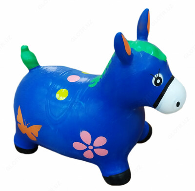 Резиновая игрушка ослик голубого цвета с цветными рисунками.