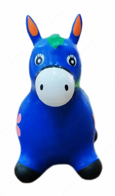 Резиновая игрушка ослик голубого цвета с цветными рисунками.