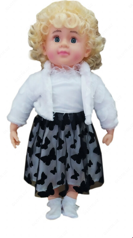Детская кукла игрушка для девочек с платьем черного цвета и с шубкой белого цвета