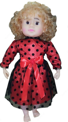 Детская кукла игрушка для девочек с платьем красного цвета с черными крапинками