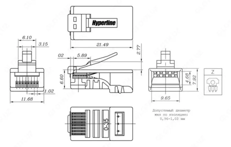Разъем RJ45 8P8C Cat6A со вставным сердечником Оптом и розница