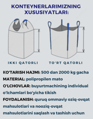 Har xil modifikatsiyadagi yumshoq polipropilen konteynerlar (Big Bag)