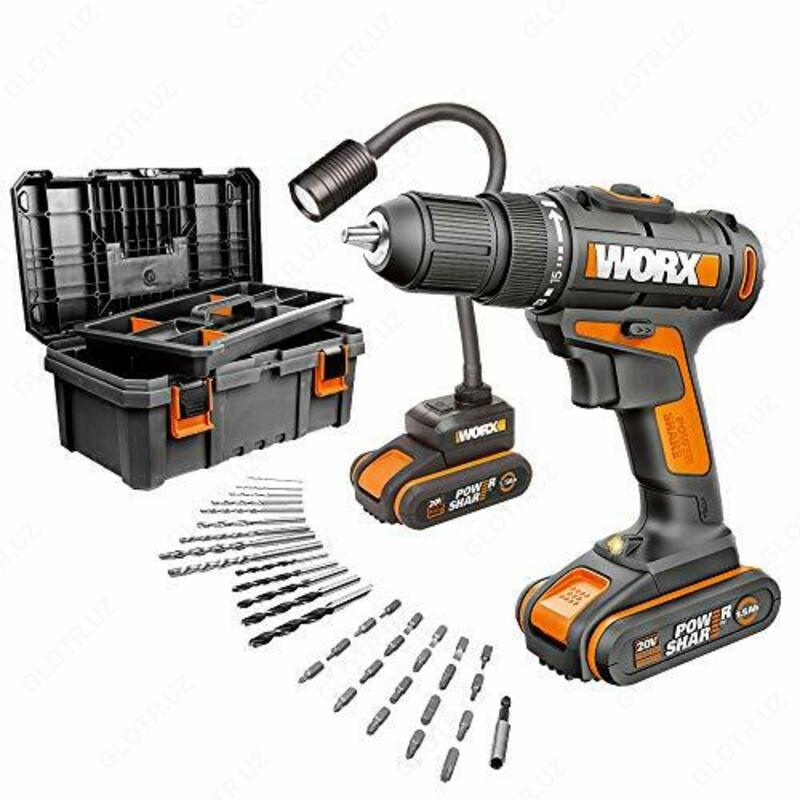  Комплект аккумуляторных инструментов WORX WX977: дрель-шуруповерт WX101.9 + фонарь настольный WX028.9  с АКБ на 1 5 Ач и ЗУ в 0 4А  набор оснастки (35 шт)  в ящике - 