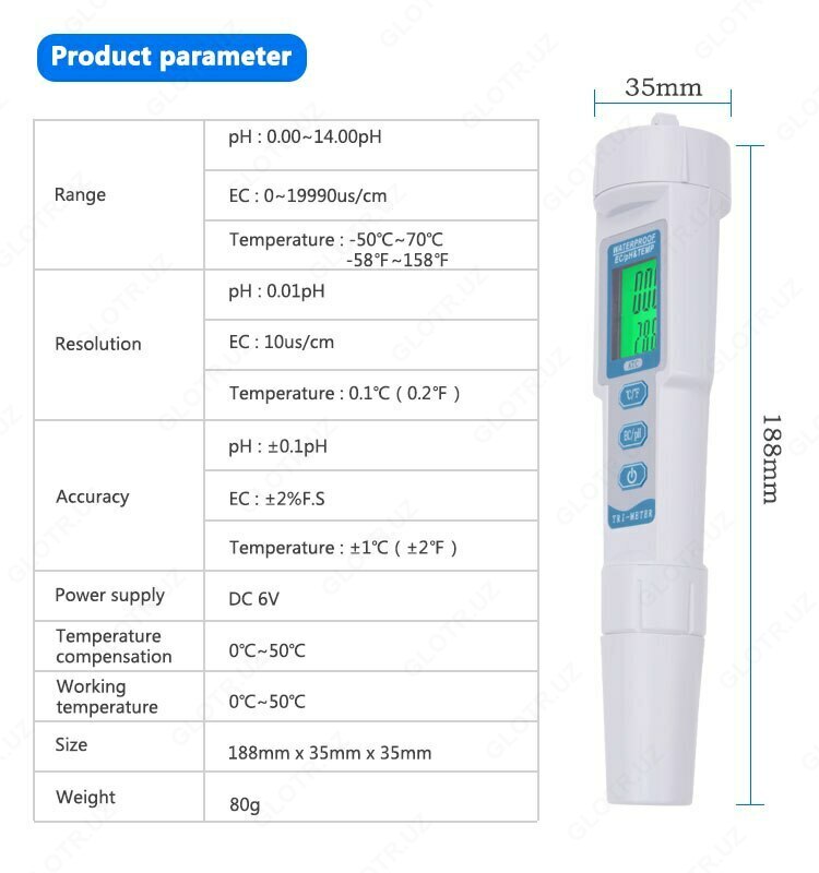 Профессиональный EC/PH/TEMP тестер воды 3 в 1 Только в розницу