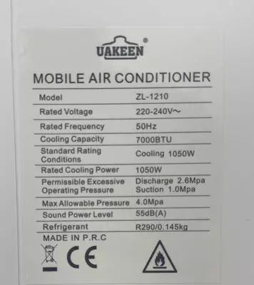 Мобильный кондиционер Uakeen 7000 BTU.15 м²