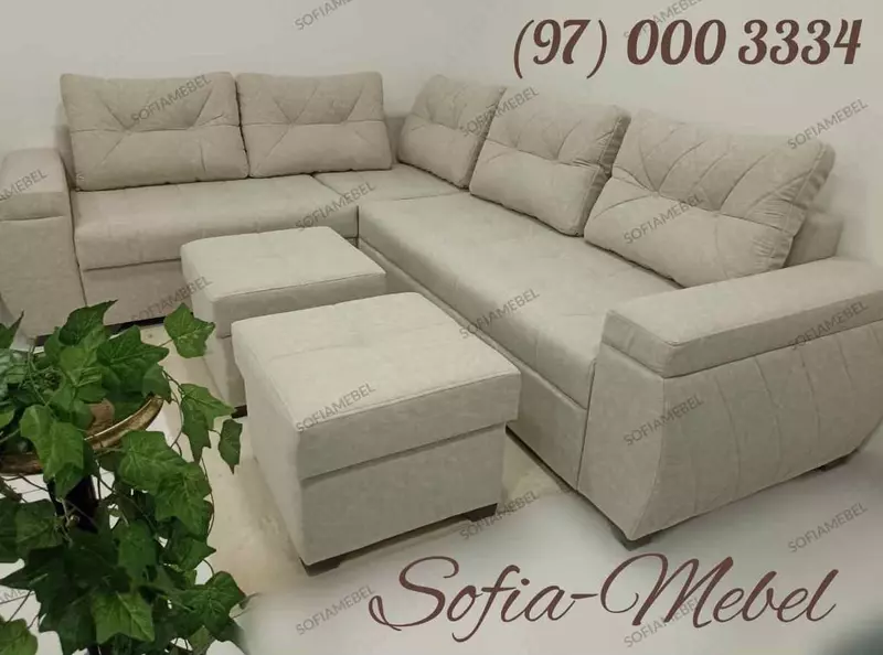 Eksklyuziv buklanadigan burchak SOFIA - MEBEL "Venera" ikkita puf bilan
