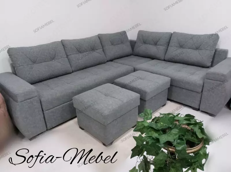 Эксклюзивный раскладной уголок SOFIA - MEBEL Venera с двумя пуфами (Серый)