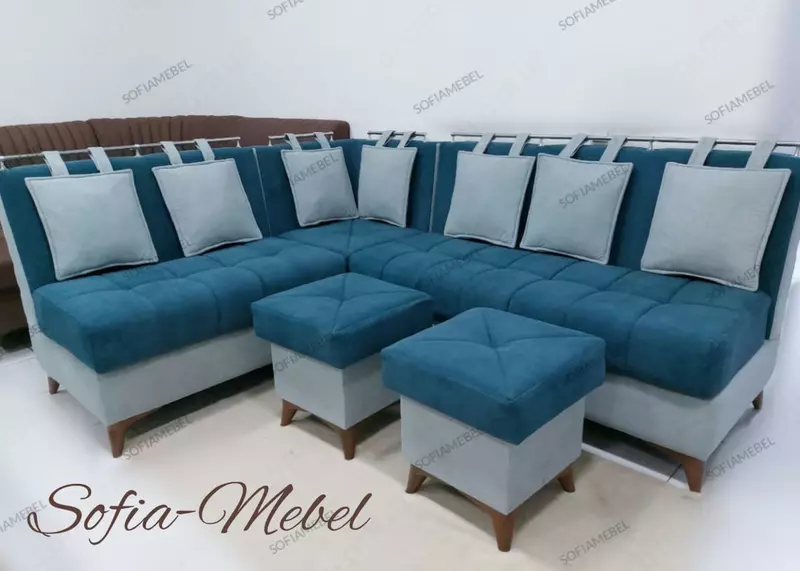 Модульный кухонный уголок SOFIA - MEBEL с двумя пуфами (Синий/голубой)