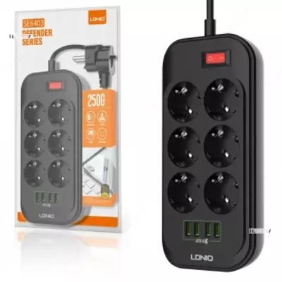 Сетевой фильтр удлинитель LDNIO SE6403 6 розеток + 4USB 2м grey - 192 000 сум / шт.