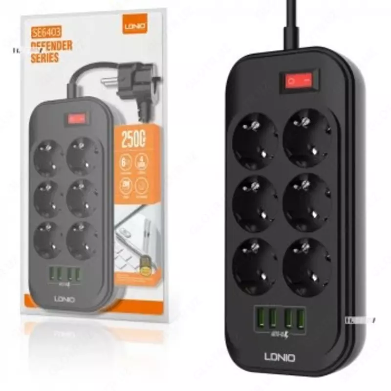 Сетевой фильтр удлинитель LDNIO SE6403 6 розеток + 4USB 2м grey - 192 000 сум