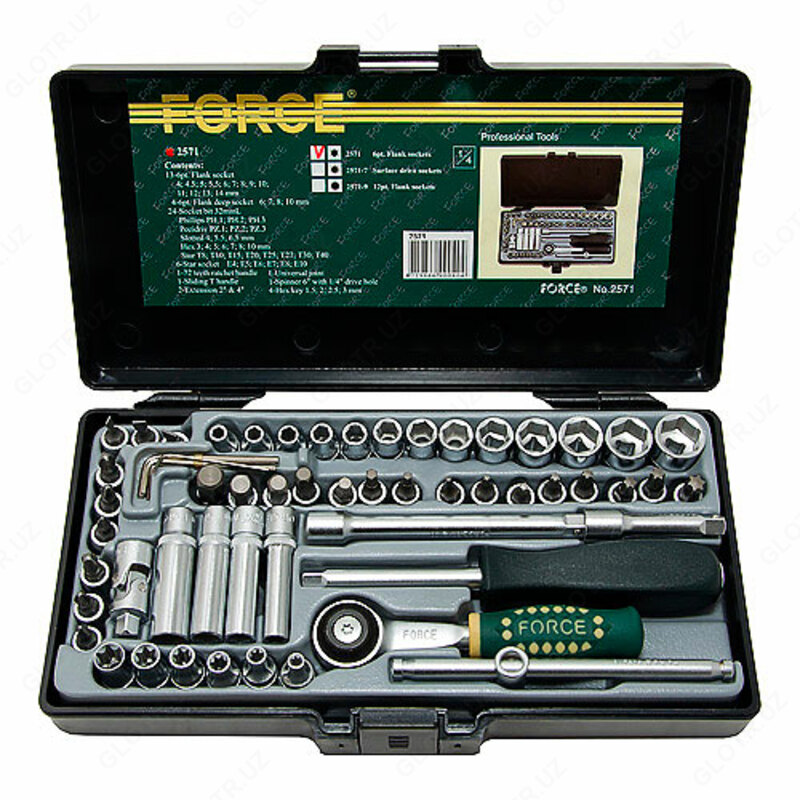 Force 2571 Набор головок и бит 57пр. 1/4 6гр.4-14мм  удлененные головки