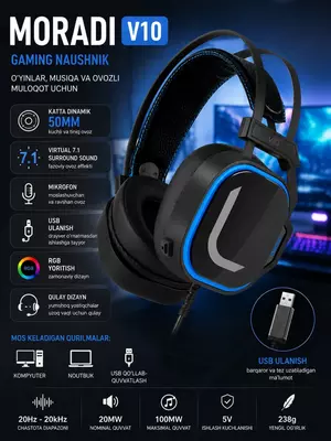 MORADI V10 USB7.1 oyin uchun simli quloqchinlari