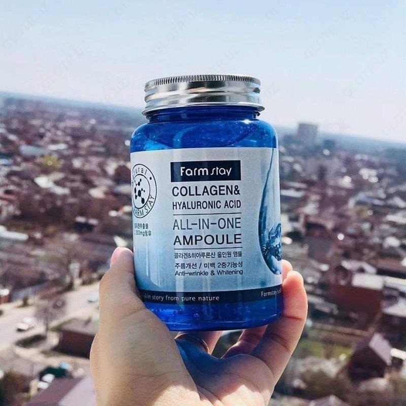 Gialuron kislotasi va kollagen FarmStay bilan ampulali sarum