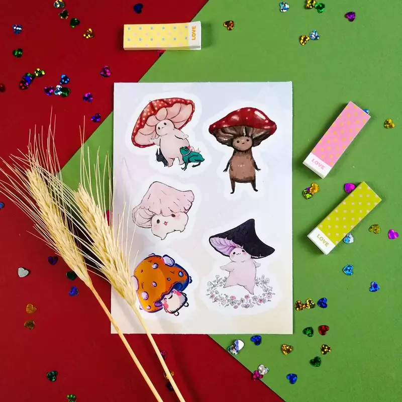  Набор наклеек Kawaii Mushrooms  А6. 9л  артикул STP295 CHANDRA TASHKENT