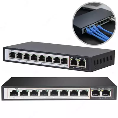 Настольный коммутатор Extralink Perses 10 x портов RJ45 (Gigabit Ethernet, включая 8x PoE и 2x Uplink) 96 Вт, неуправляемый Настольный коммутатор Extralink Perses 10 x портов RJ45 (Gigabit Ethernet, включая 8x PoE и 2x Uplink) 96 Вт, неуправляемый