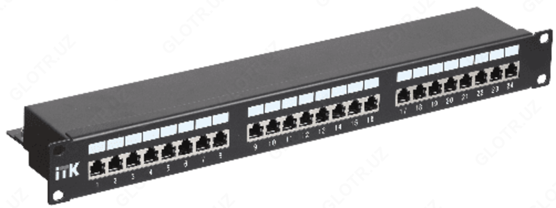 ITK 1U yamoq paneli Cat 5E STP, 24 ta port (Dual), kabel o'tkazgich bilan