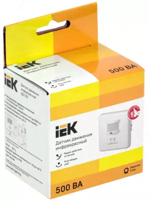 Датчик движения ДД 035 белый, макс. нагрузка 500Вт, угол обзора 140град., дальность 12м, IP20, ИЭК