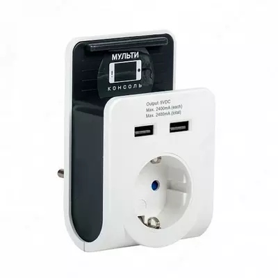 Адаптер Т-02/01 1 место 2P+PE 16А 2хUSB 2,4А белый IEK
