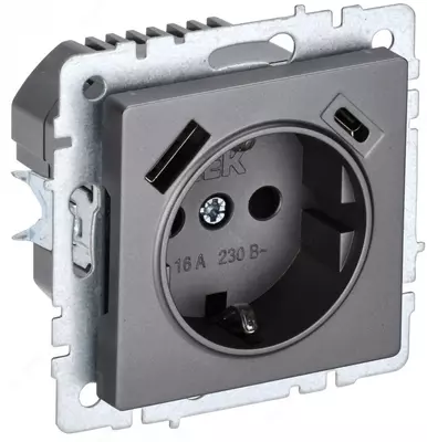 BRITE Роз. с з/к/ш 16А с USB A+C 18Вт РЮш11-1-БрС сталь IEK